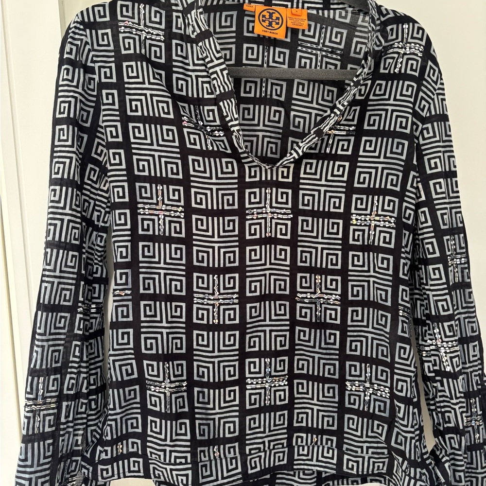 Tory Burch Blue and grayish White Maze Pattern Blouse